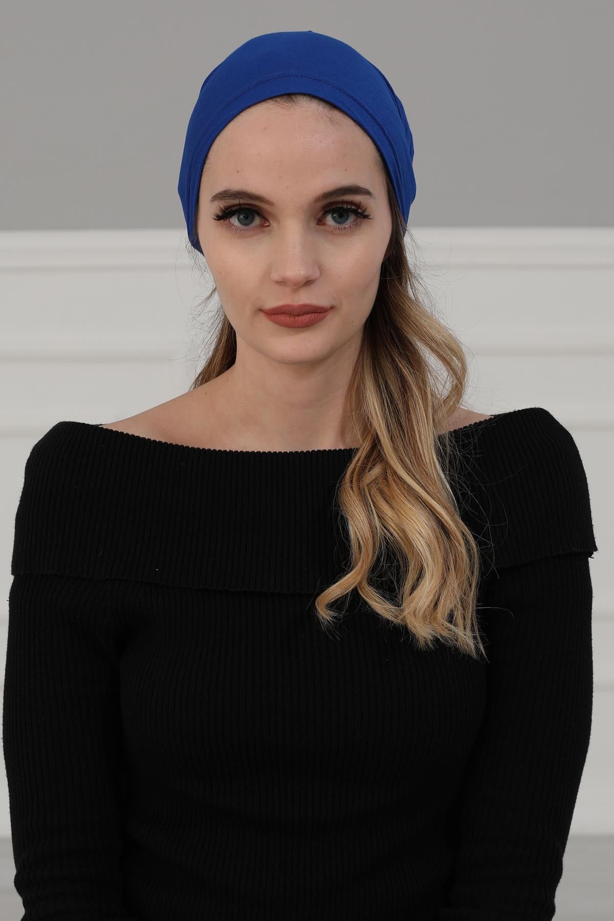 Simple Pre-Tied Turban Bonnet for Women, Easy Wear Chemo Headwear for Cancer Patients, Soft and Breathable Cotton Headwrap,B-47 Sax Blue