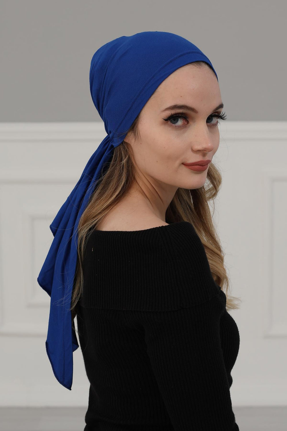 Simple Pre-Tied Turban Bonnet for Women, Easy Wear Chemo Headwear for Cancer Patients, Soft and Breathable Cotton Headwrap,B-47 Sax Blue