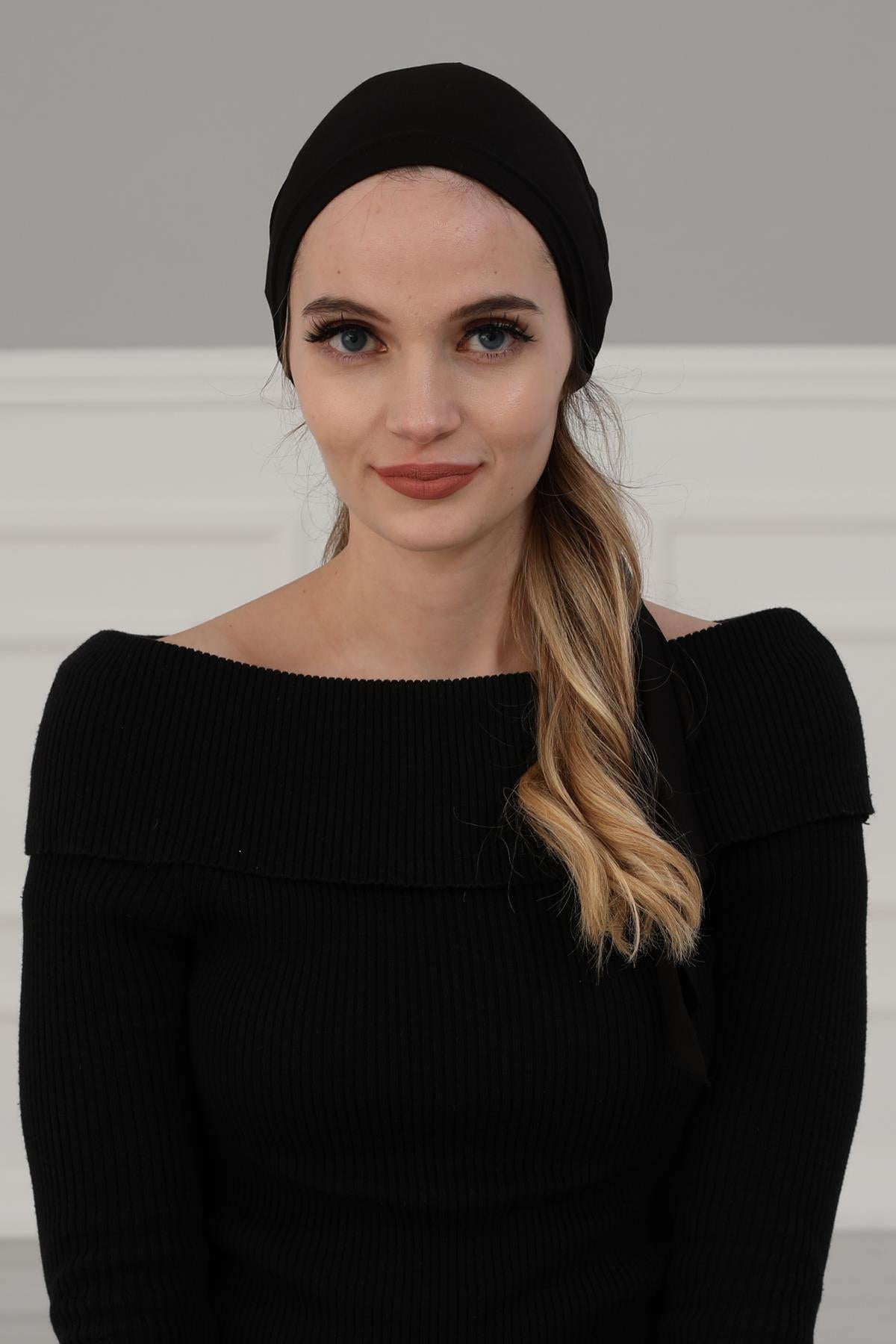 Simple Pre-Tied Turban Bonnet for Women, Easy Wear Chemo Headwear for Cancer Patients, Soft and Breathable Cotton Headwrap,B-47 Black
