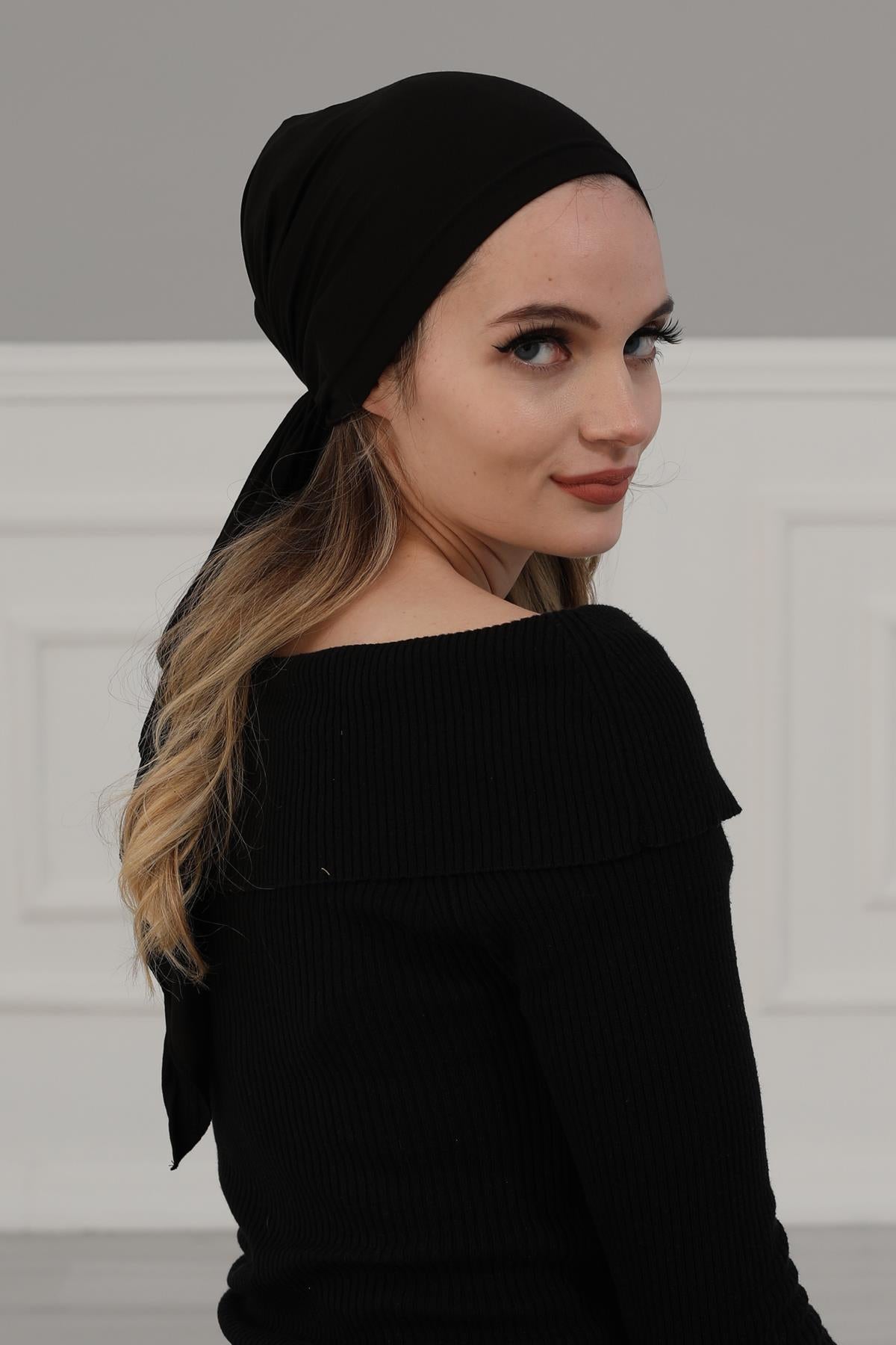 Simple Pre-Tied Turban Bonnet for Women, Easy Wear Chemo Headwear for Cancer Patients, Soft and Breathable Cotton Headwrap,B-47 Black