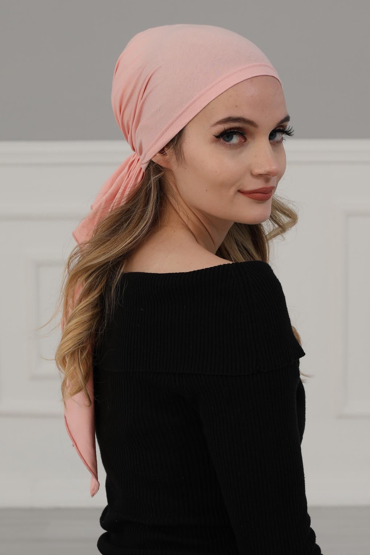 Simple Pre-Tied Turban Bonnet for Women, Easy Wear Chemo Headwear for Cancer Patients, Soft and Breathable Cotton Headwrap,B-47 Powder