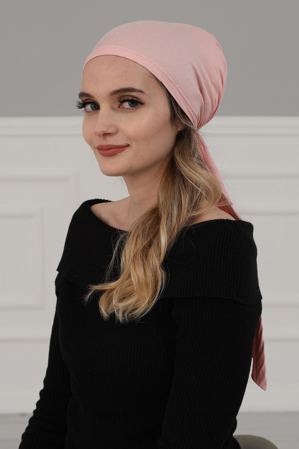 Simple Pre-Tied Turban Bonnet for Women, Easy Wear Chemo Headwear for Cancer Patients, Soft and Breathable Cotton Headwrap,B-47 Powder