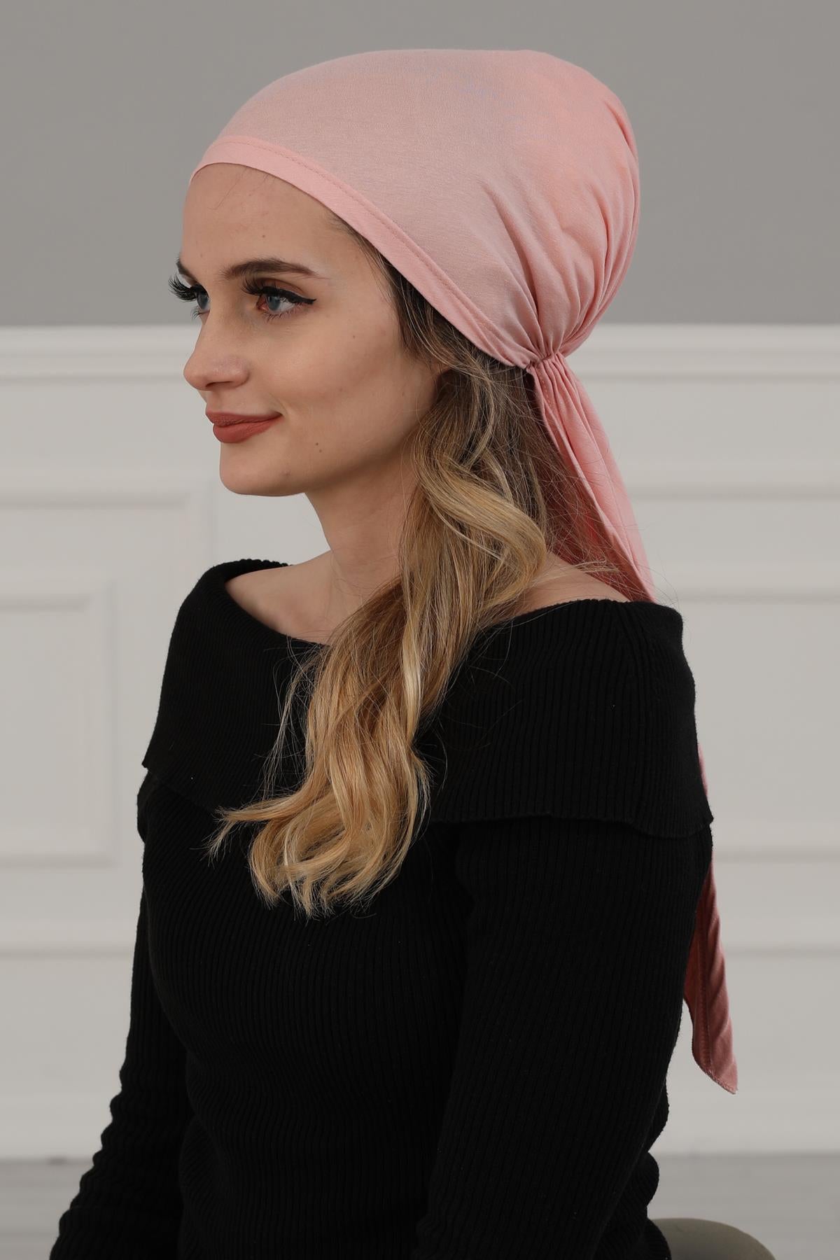 Simple Pre-Tied Turban Bonnet for Women, Easy Wear Chemo Headwear for Cancer Patients, Soft and Breathable Cotton Headwrap,B-47 Powder