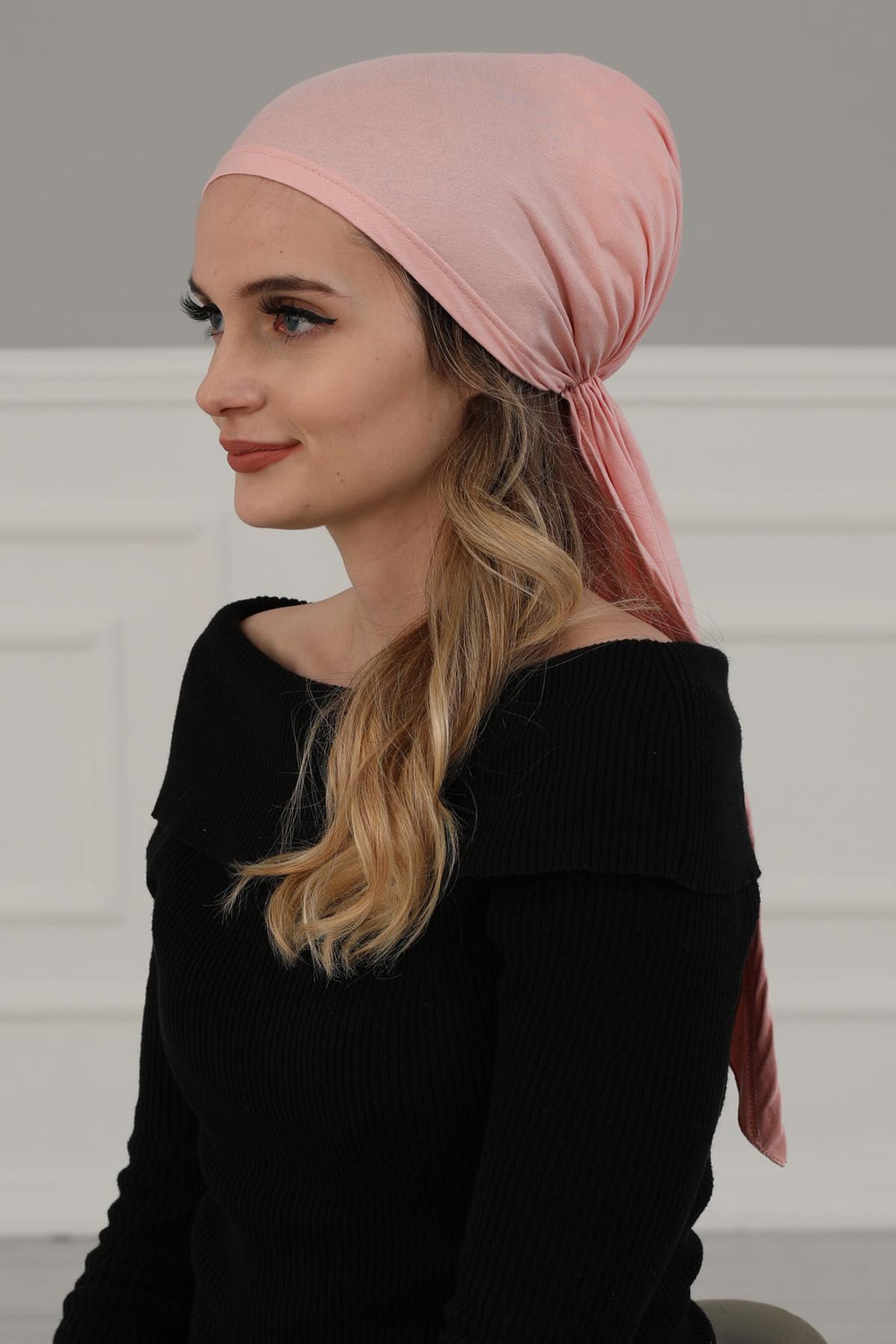Simple Pre-Tied Turban Bonnet for Women, Easy Wear Chemo Headwear for Cancer Patients, Soft and Breathable Cotton Headwrap,B-47 Powder