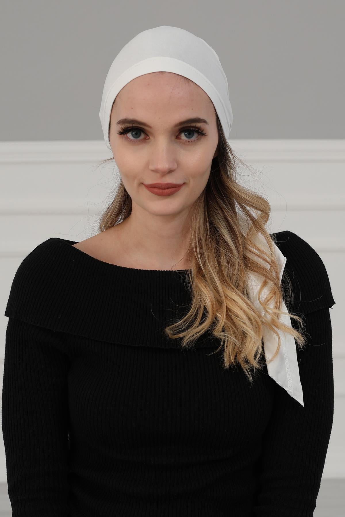 Simple Pre-Tied Turban Bonnet for Women, Easy Wear Chemo Headwear for Cancer Patients, Soft and Breathable Cotton Headwrap,B-47 Ivory