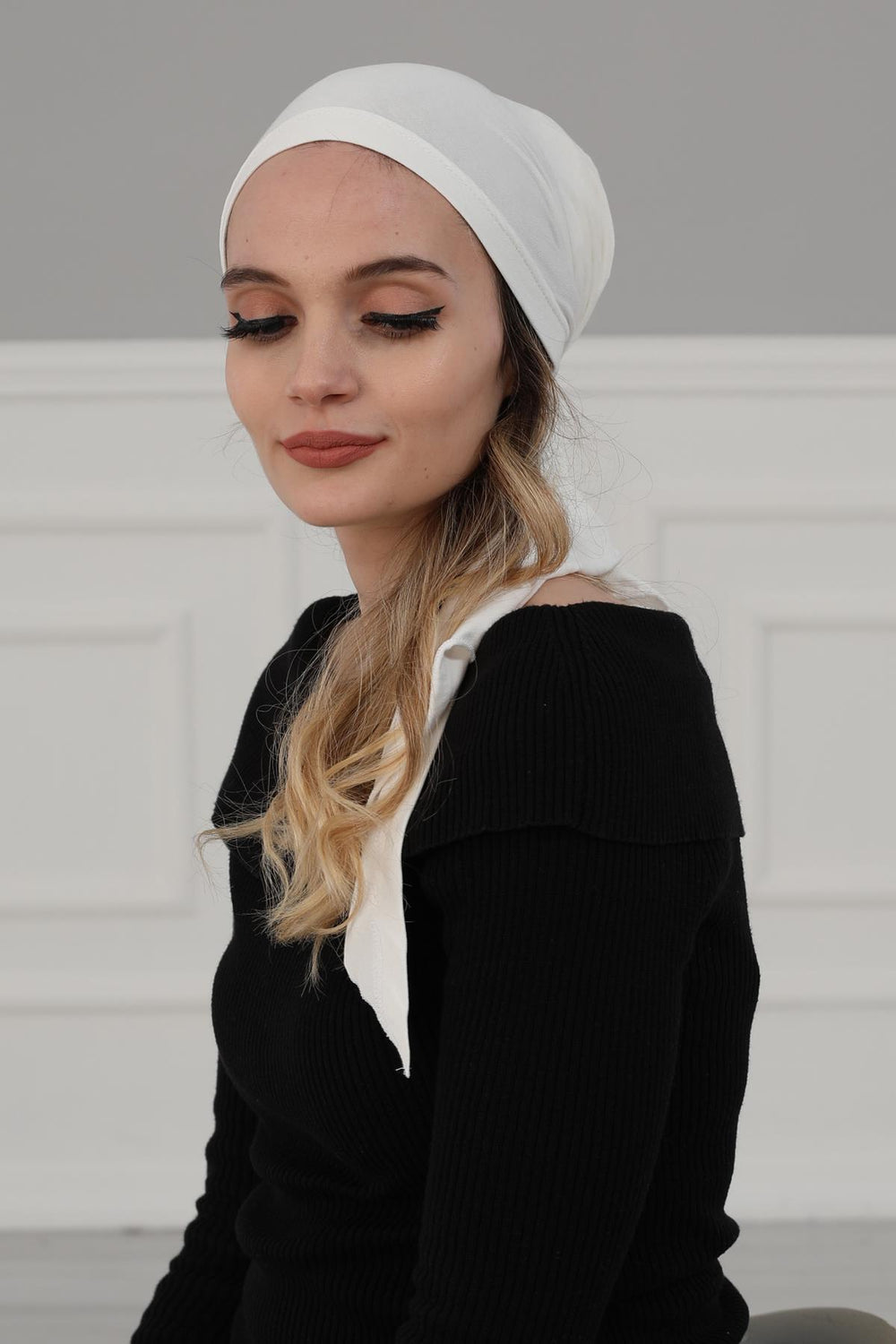 Simple Pre-Tied Turban Bonnet for Women, Easy Wear Chemo Headwear for Cancer Patients, Soft and Breathable Cotton Headwrap,B-47 Ivory