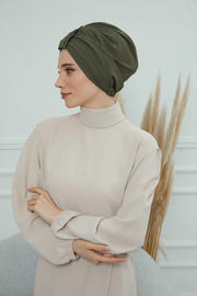 Sun Protective Aerobin Bonnet Cap for Women, Stylish & Flexible Wrinkle-Resistant Instant Turban, Comfortable Chemo Headwear for Women,B-69 Army Green