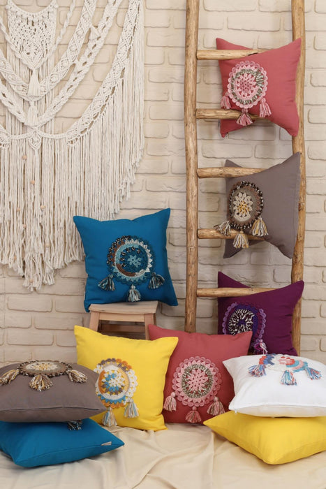 Aisha s Design Boho Decorative Canvas Throw Pillow Cover With Hand Knitted Tassels Traditional Anatolian Wool Handicraft Accesory Cushion Covers,K-118