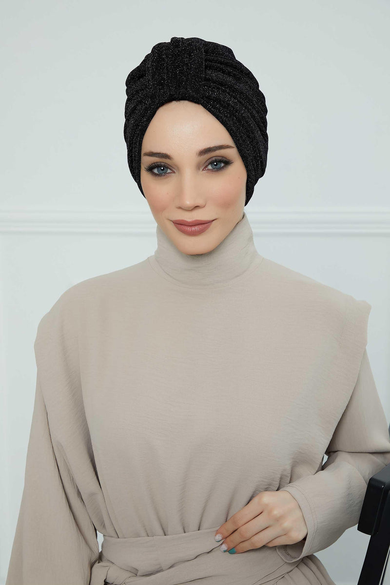 Aisha's Design Instant Turban Head Wraps for Women Glitter Lightweight Hijab Scarf Pretied Chemo Headwear Belted Bonnet Cap Hat,B-68SIM Glitter Black