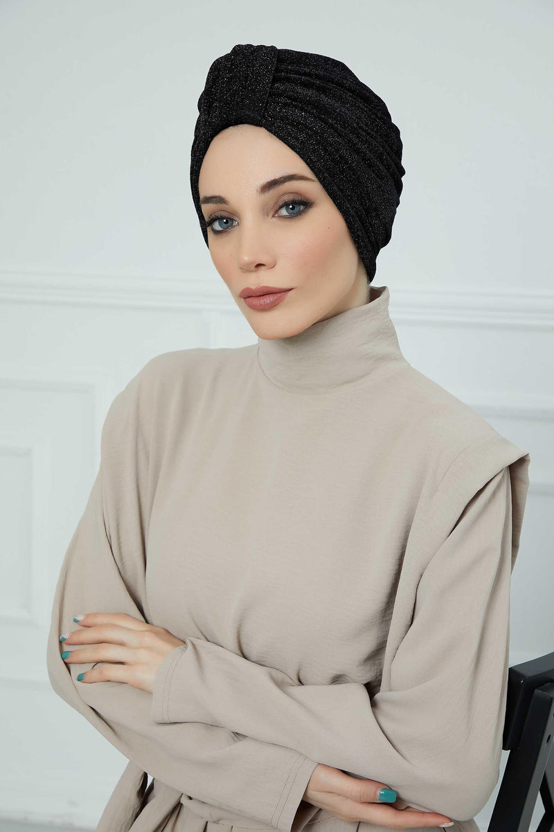 Aisha's Design Instant Turban Head Wraps for Women Glitter Lightweight Hijab Scarf Pretied Chemo Headwear Belted Bonnet Cap Hat,B-68SIM Glitter Black