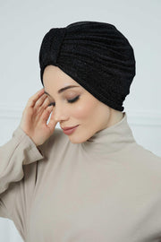 Aisha's Design Instant Turban Head Wraps for Women Glitter Lightweight Hijab Scarf Pretied Chemo Headwear Belted Bonnet Cap Hat,B-68SIM Glitter Black