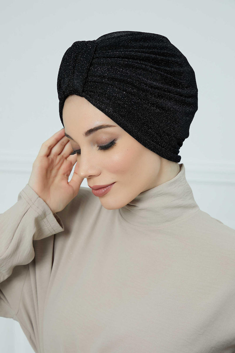 Aisha's Design Instant Turban Head Wraps for Women Glitter Lightweight Hijab Scarf Pretied Chemo Headwear Belted Bonnet Cap Hat,B-68SIM Glitter Black