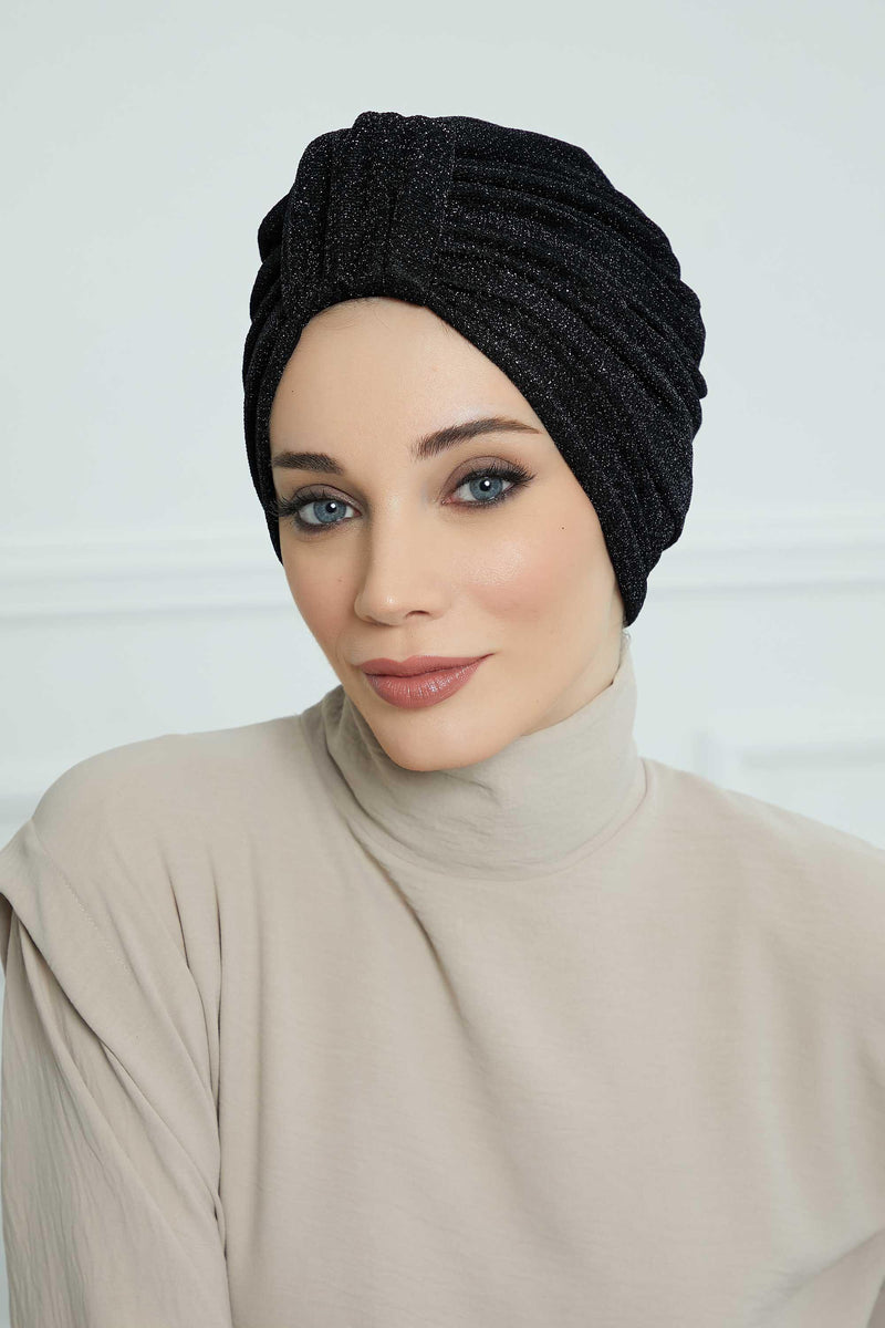 Aisha's Design Instant Turban Head Wraps for Women Glitter Lightweight Hijab Scarf Pretied Chemo Headwear Belted Bonnet Cap Hat,B-68SIM Glitter Black