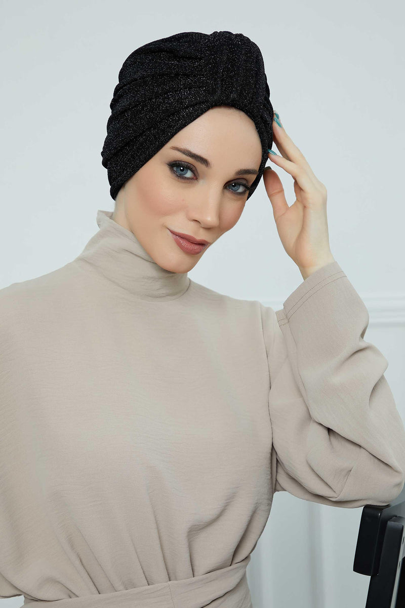 Aisha's Design Instant Turban Head Wraps for Women Glitter Lightweight Hijab Scarf Pretied Chemo Headwear Belted Bonnet Cap Hat,B-68SIM Glitter Black