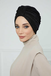Aisha's Design Instant Turban Head Wraps for Women Glitter Lightweight Hijab Scarf Pretied Chemo Headwear Belted Bonnet Cap Hat,B-68SIM Glitter Black
