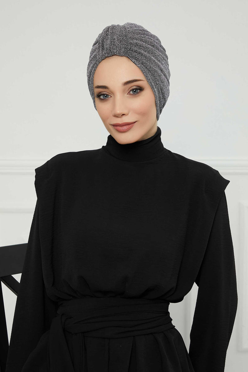 Aisha's Design Instant Turban Head Wraps for Women Glitter Lightweight Hijab Scarf Pretied Chemo Headwear Belted Bonnet Cap Hat,B-68SIM Dark Grey