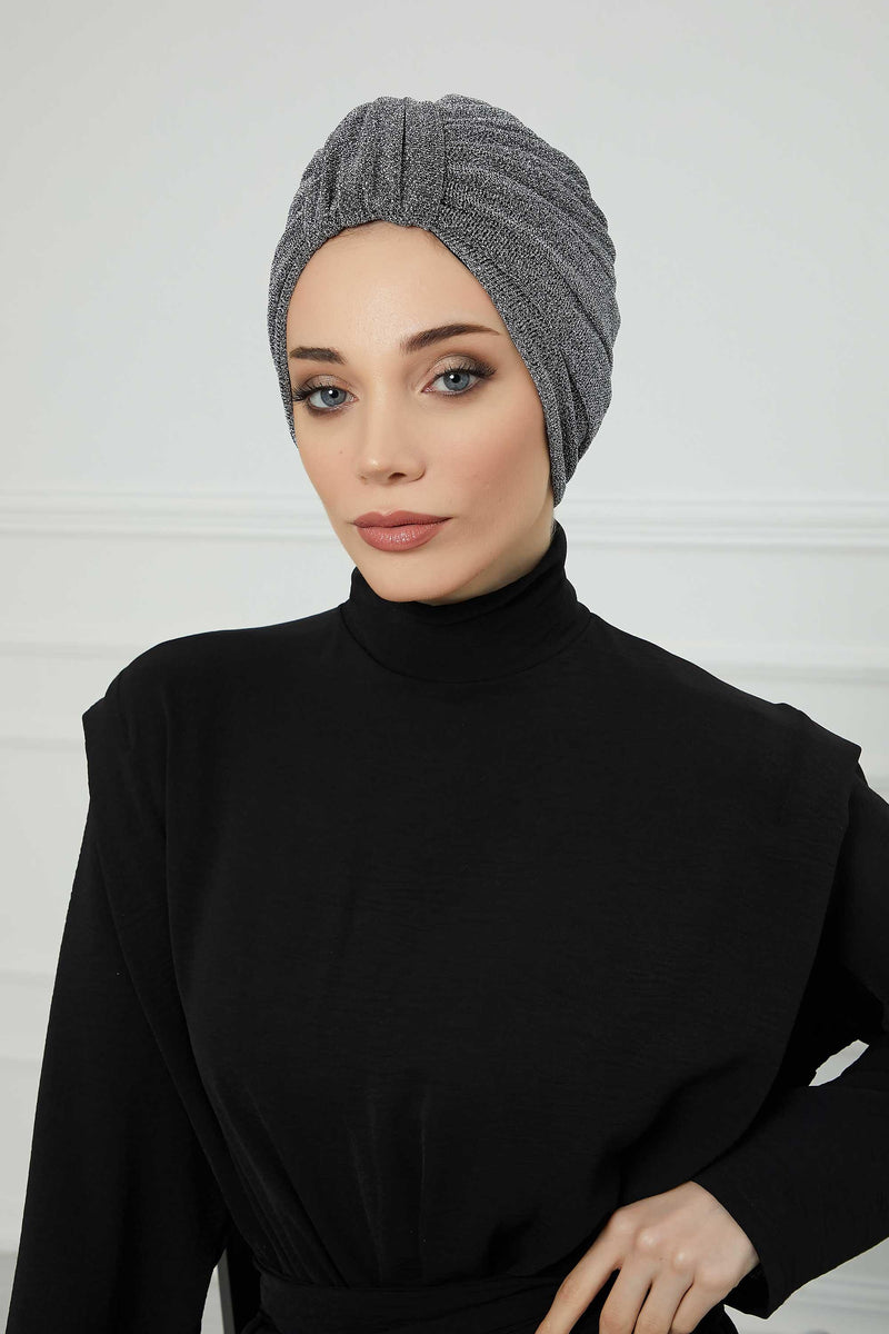 Aisha's Design Instant Turban Head Wraps for Women Glitter Lightweight Hijab Scarf Pretied Chemo Headwear Belted Bonnet Cap Hat,B-68SIM Dark Grey
