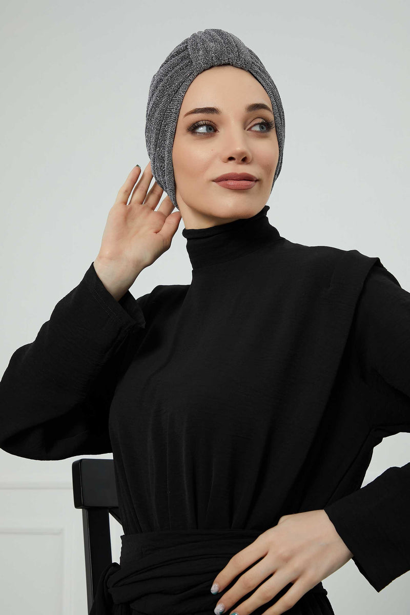 Aisha's Design Instant Turban Head Wraps for Women Glitter Lightweight Hijab Scarf Pretied Chemo Headwear Belted Bonnet Cap Hat,B-68SIM Dark Grey