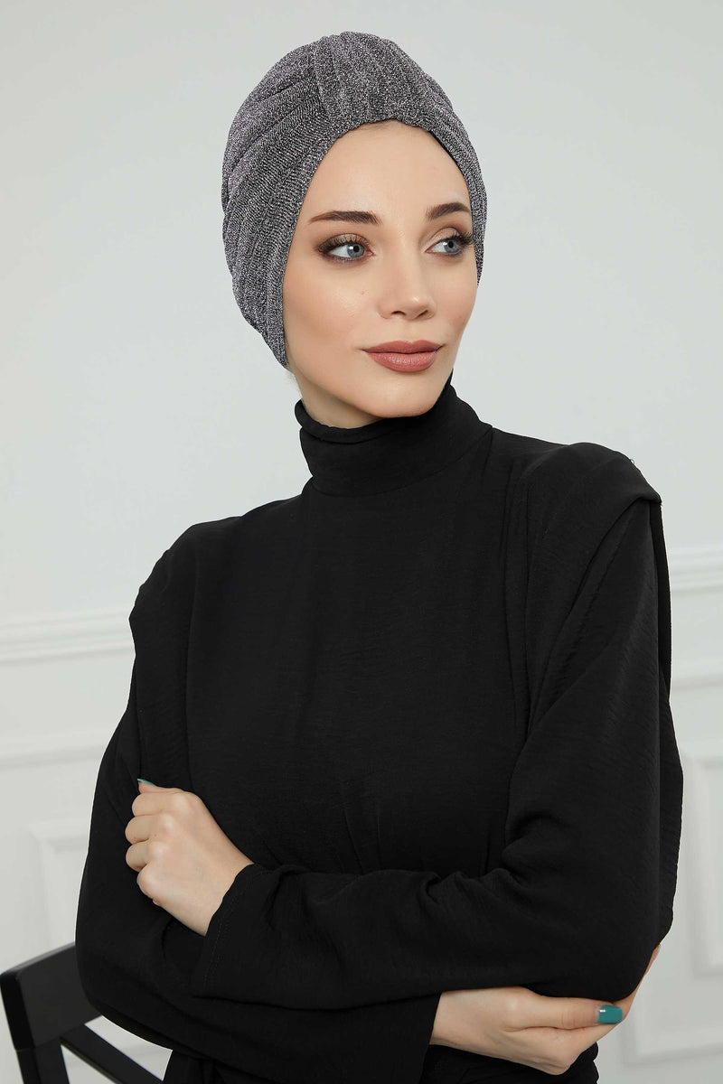 Aisha's Design Instant Turban Head Wraps for Women Glitter Lightweight Hijab Scarf Pretied Chemo Headwear Belted Bonnet Cap Hat,B-68SIM Dark Grey