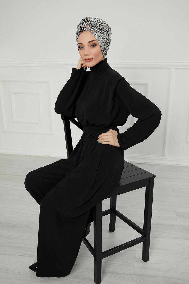 غطاء رأس عمامة فاخر فوري، غطاء رأس عمامة عصري فضي رمادي-بني مربوط مسبقًا للنساء، قبعة بونيه كيميائية أنيقة، B-68B