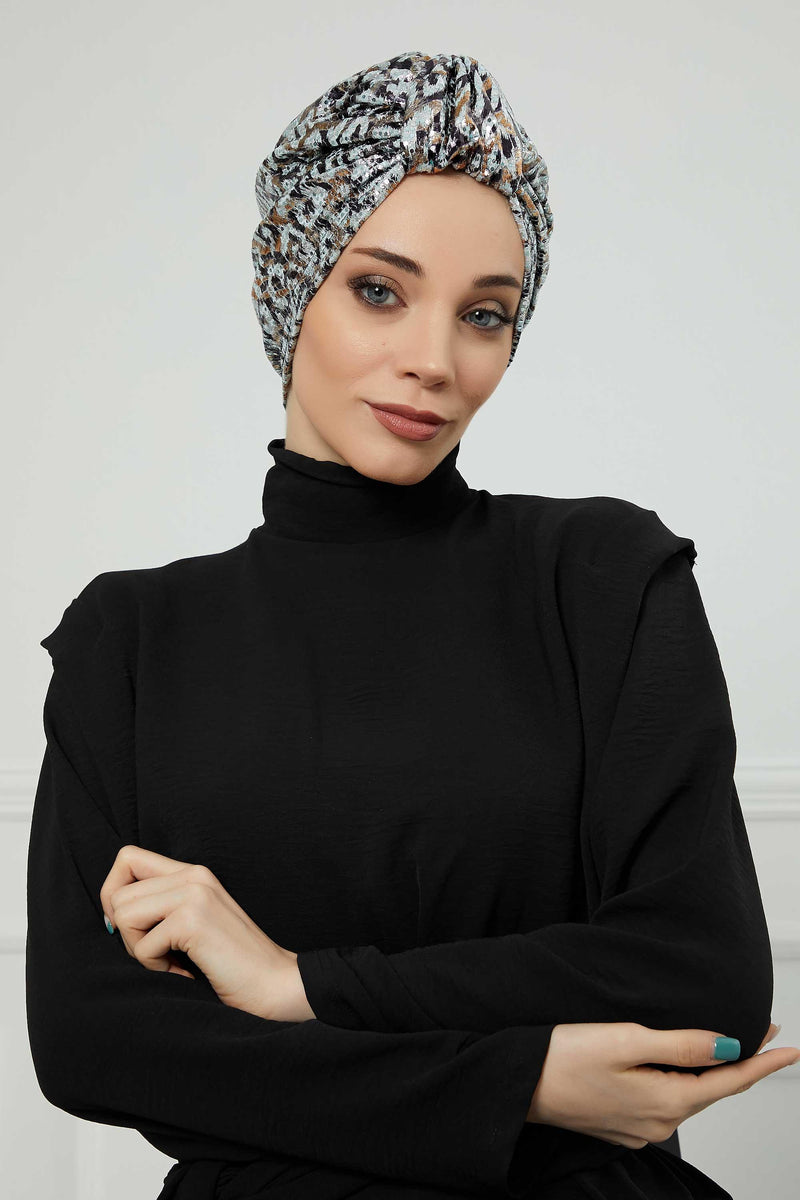 غطاء رأس عمامة فاخر فوري، غطاء رأس عمامة عصري فضي رمادي-بني مربوط مسبقًا للنساء، قبعة بونيه كيميائية أنيقة، B-68B