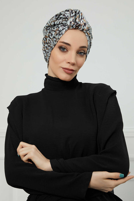 Aisha's Design Instant Turban Head Wraps for Women Sequined Hijab Scarf Ready to Wear Pretied Chemo Headwear Belted Bonnet Cap Hat,B-68B