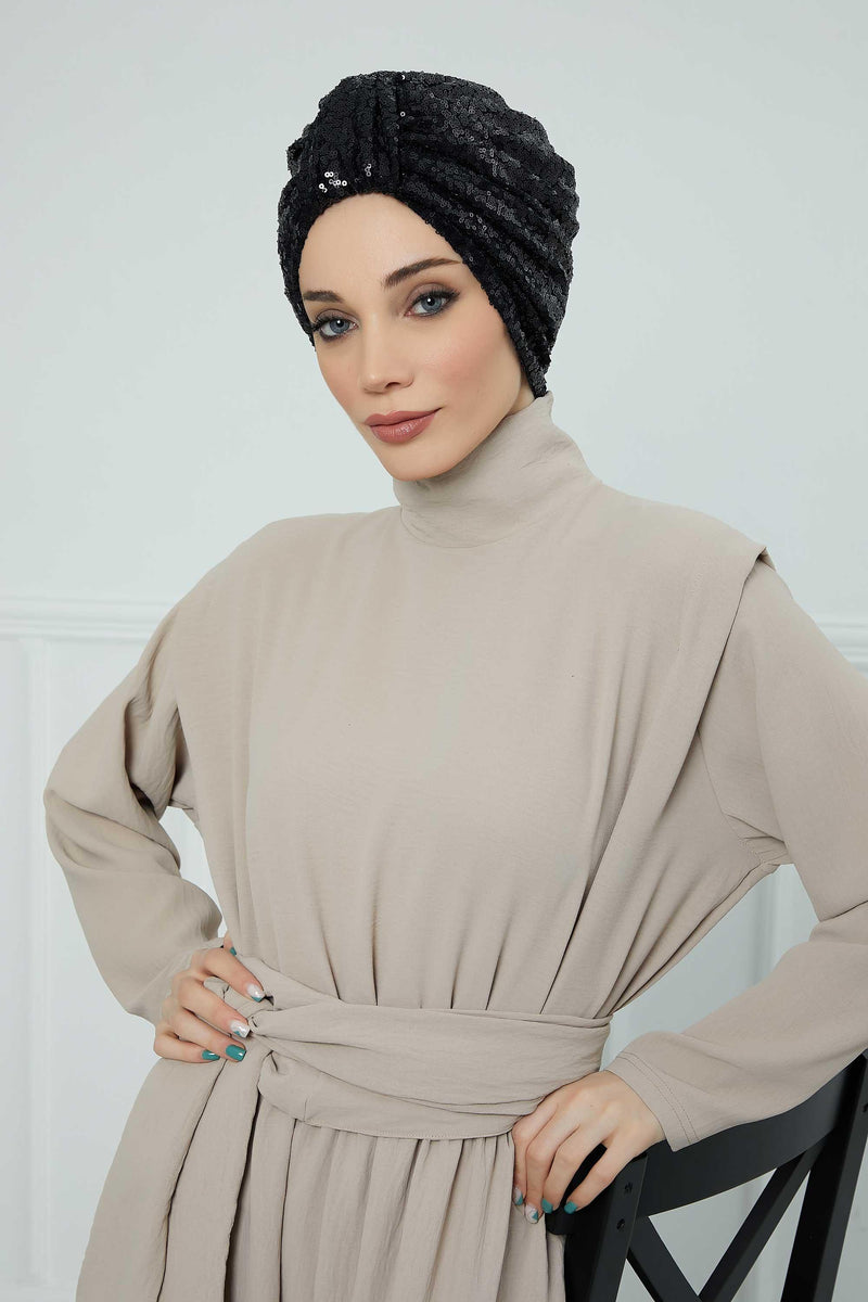 عمامة فورية أنيقة بحزام للنساء، غطاء رأس عمامة لامع مصنوع يدويًا، قبعة عصرية لامعة، قبعة بونيه كيميائية مطرزة، B-68P