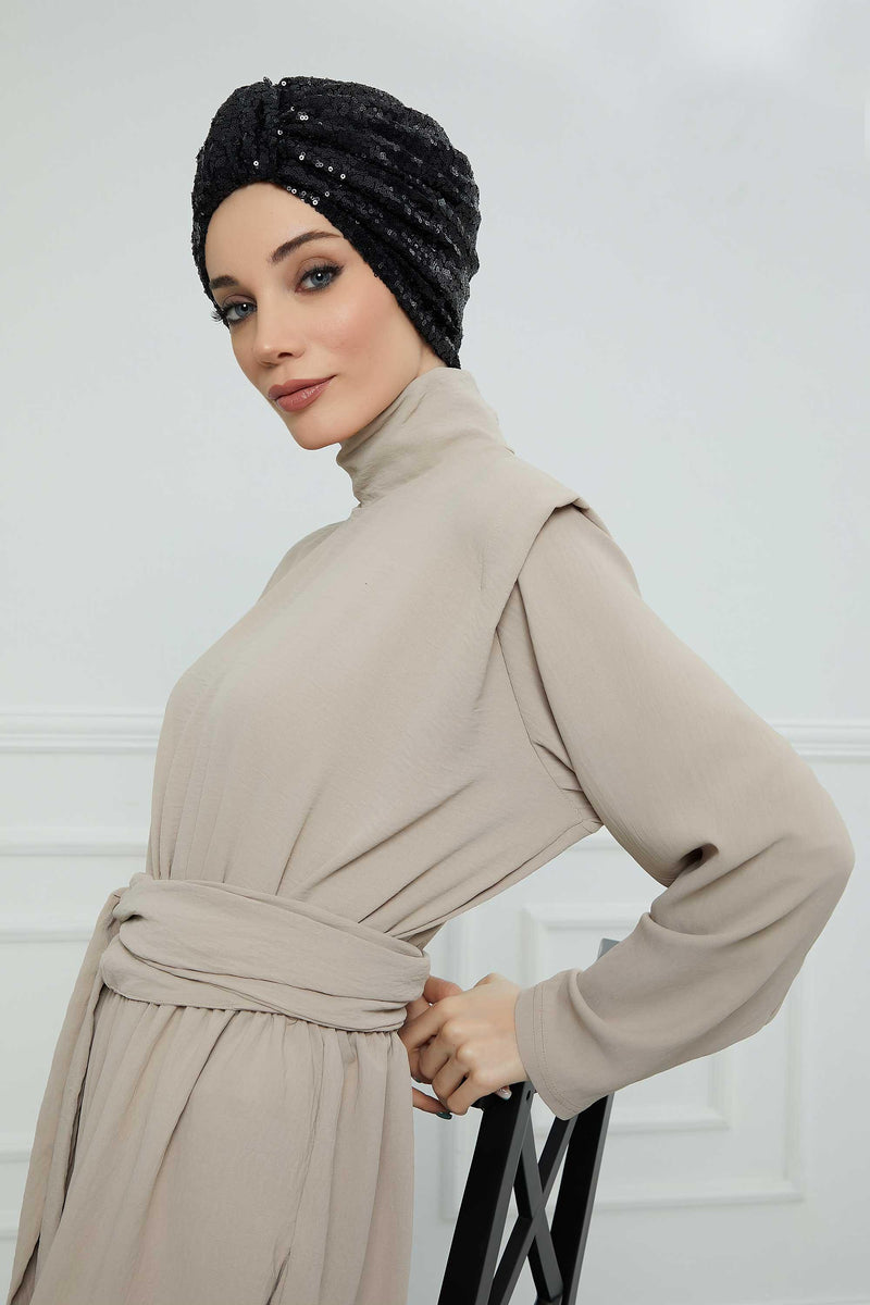 عمامة فورية أنيقة بحزام للنساء، غطاء رأس عمامة لامع مصنوع يدويًا، قبعة عصرية لامعة، قبعة بونيه كيميائية مطرزة، B-68P