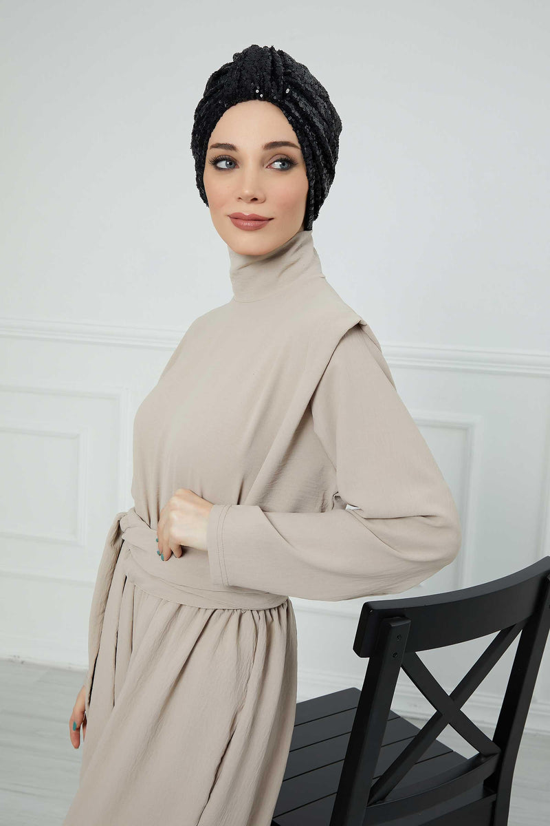 عمامة فورية أنيقة بحزام للنساء، غطاء رأس عمامة لامع مصنوع يدويًا، قبعة عصرية لامعة، قبعة بونيه كيميائية مطرزة، B-68P