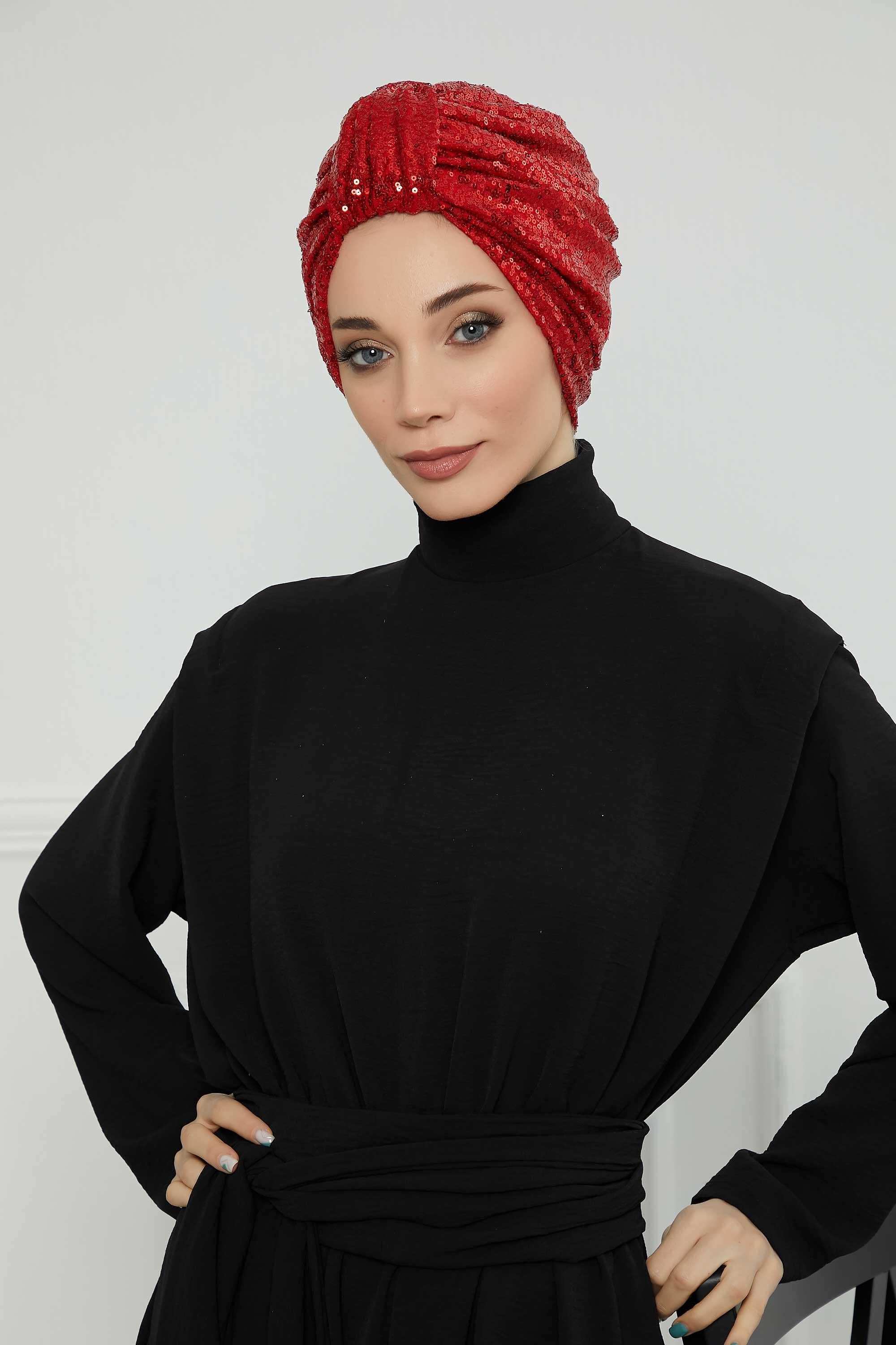 Belted Elegance Instant Turban for Women, Sparkling Handmade Pre-Tied Turban Head Cover, Shiny Fashion Hat, Sequined Chemo Bonnet Cap,B-68P Red