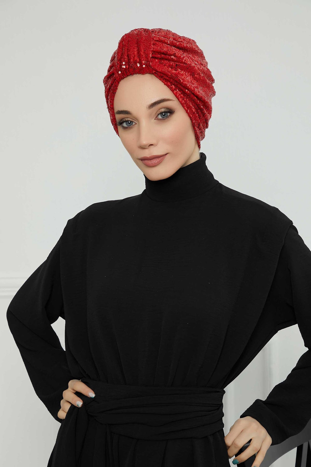Belted Elegance Instant Turban for Women, Sparkling Handmade Pre-Tied Turban Head Cover, Shiny Fashion Hat, Sequined Chemo Bonnet Cap,B-68P Red