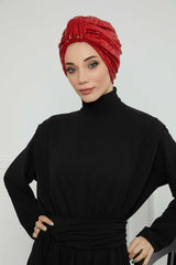 Belted Elegance Instant Turban for Women, Sparkling Handmade Pre-Tied Turban Head Cover, Shiny Fashion Hat, Sequined Chemo Bonnet Cap,B-68P Red