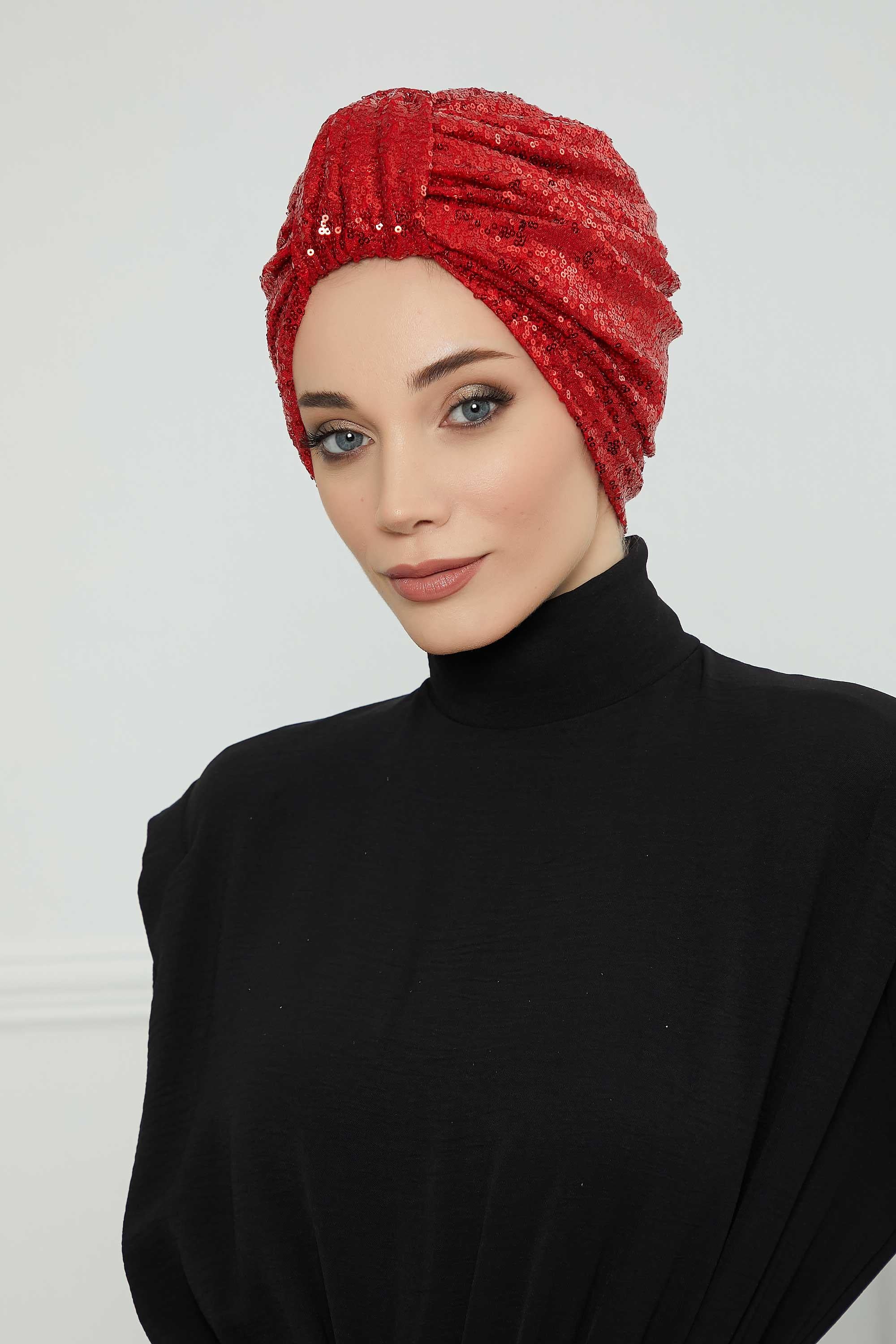Belted Elegance Instant Turban for Women, Sparkling Handmade Pre-Tied Turban Head Cover, Shiny Fashion Hat, Sequined Chemo Bonnet Cap,B-68P Red