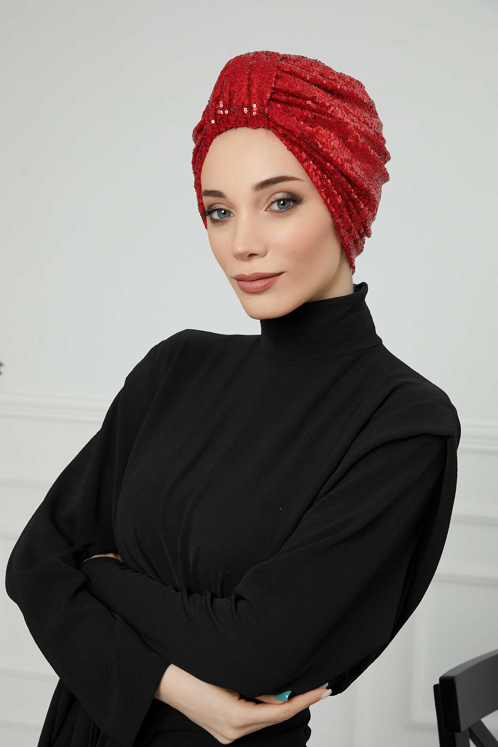 Belted Elegance Instant Turban for Women, Sparkling Handmade Pre-Tied Turban Head Cover, Shiny Fashion Hat, Sequined Chemo Bonnet Cap,B-68P Red