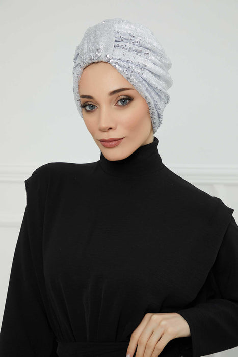 Aisha's Design Instant Turban Head Wraps for Women Sequined Hijab Scarf Ready to Wear Pretied Chemo Headwear Belted Bonnet Cap Hat,B-68P