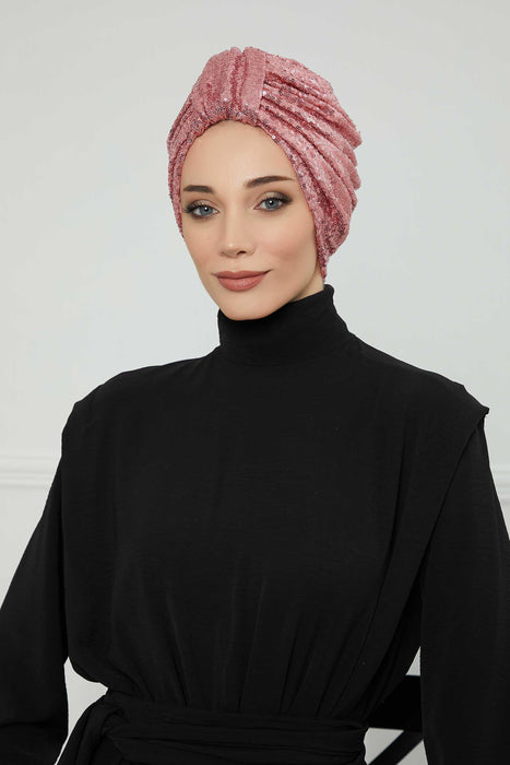 Aisha's Design Instant Turban Head Wraps for Women Sequined Hijab Scarf Ready to Wear Pretied Chemo Headwear Belted Bonnet Cap Hat,B-68P