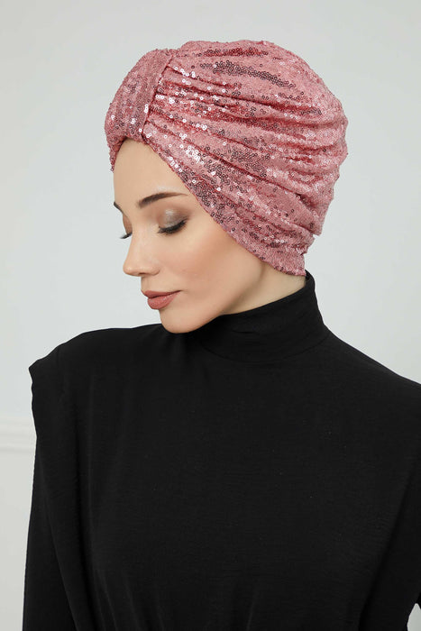 Belted Elegance Instant Turban for Women, Sparkling Handmade Pre-Tied Turban Head Cover, Shiny Fashion Hat, Sequined Chemo Bonnet Cap,B-68P