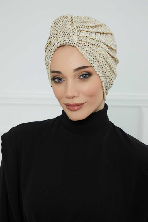 Incredibly Designed Top-Belted Instant Turban for Women, Handmade Sequined Pre-Tied Turban Hijab, Sparkling Turban for a Modern Look,B-68PUL Gold