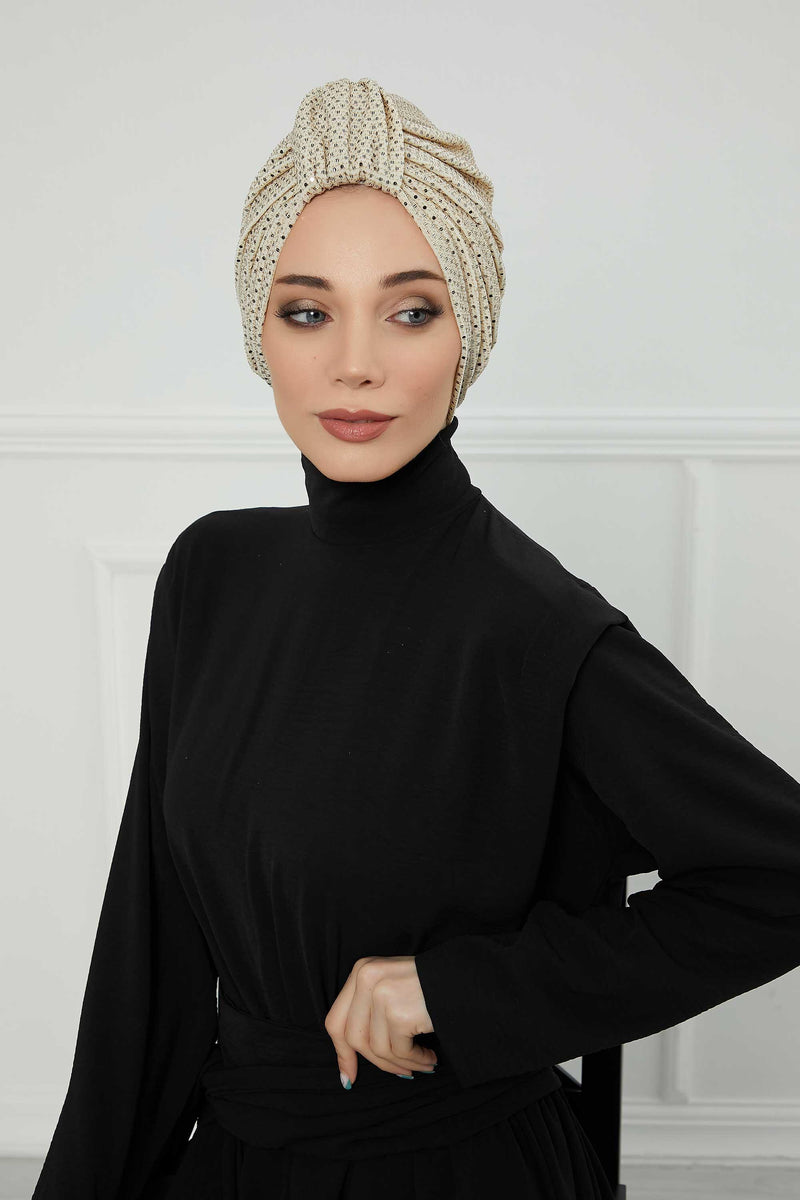 Incredibly Designed Top-Belted Instant Turban for Women, Handmade Sequined Pre-Tied Turban Hijab, Sparkling Turban for a Modern Look,B-68PUL Gold