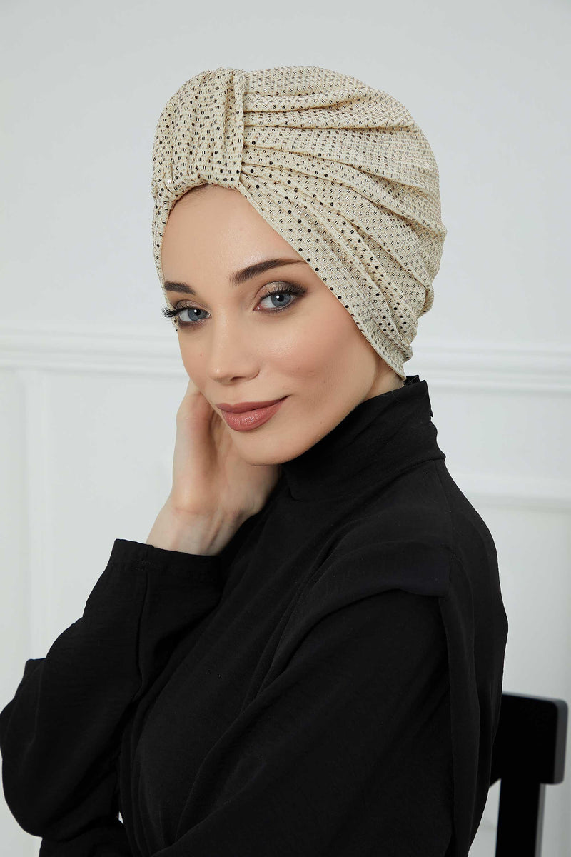 Incredibly Designed Top-Belted Instant Turban for Women, Handmade Sequined Pre-Tied Turban Hijab, Sparkling Turban for a Modern Look,B-68PUL Gold