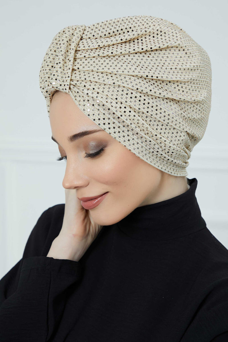 Incredibly Designed Top-Belted Instant Turban for Women, Handmade Sequined Pre-Tied Turban Hijab, Sparkling Turban for a Modern Look,B-68PUL Gold