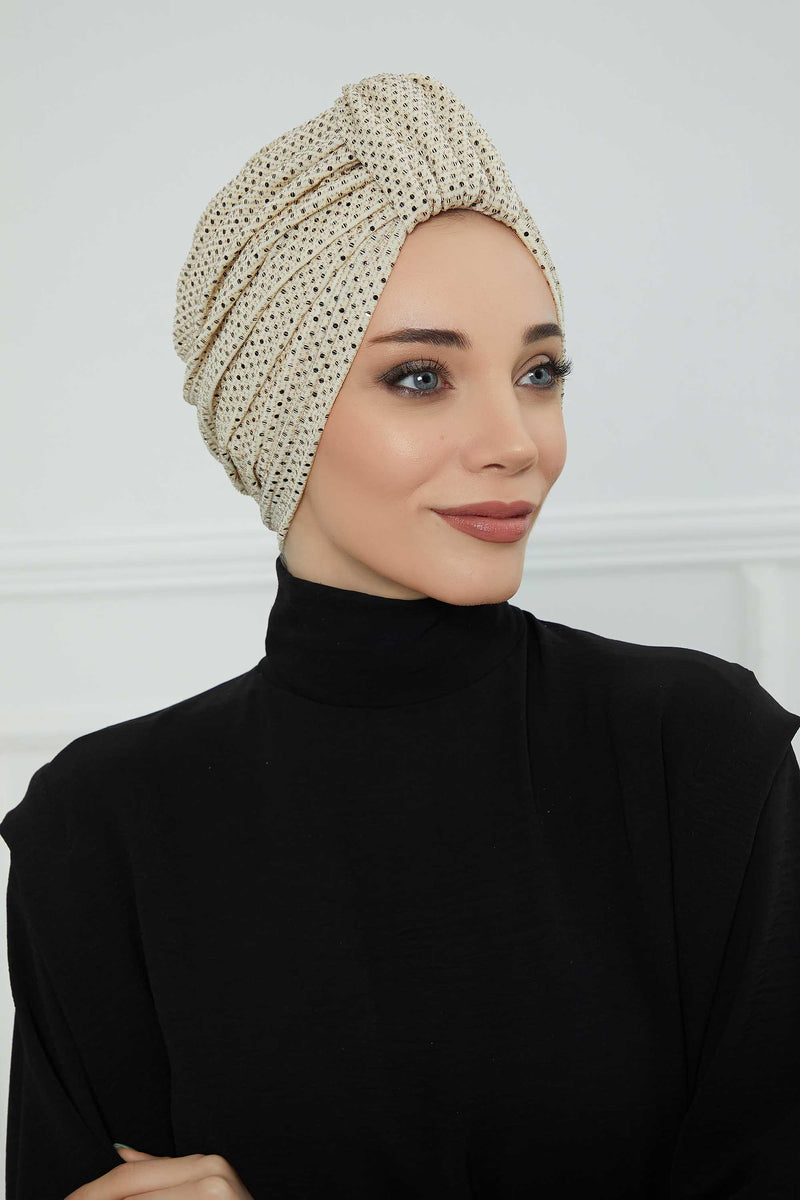 Incredibly Designed Top-Belted Instant Turban for Women, Handmade Sequined Pre-Tied Turban Hijab, Sparkling Turban for a Modern Look,B-68PUL Gold