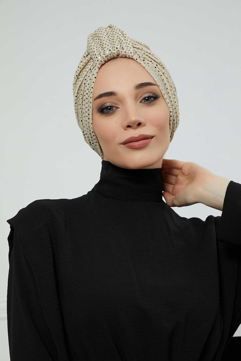 Incredibly Designed Top-Belted Instant Turban for Women, Handmade Sequined Pre-Tied Turban Hijab, Sparkling Turban for a Modern Look,B-68PUL Gold
