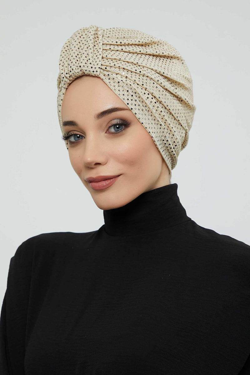 Incredibly Designed Top-Belted Instant Turban for Women, Handmade Sequined Pre-Tied Turban Hijab, Sparkling Turban for a Modern Look,B-68PUL Gold