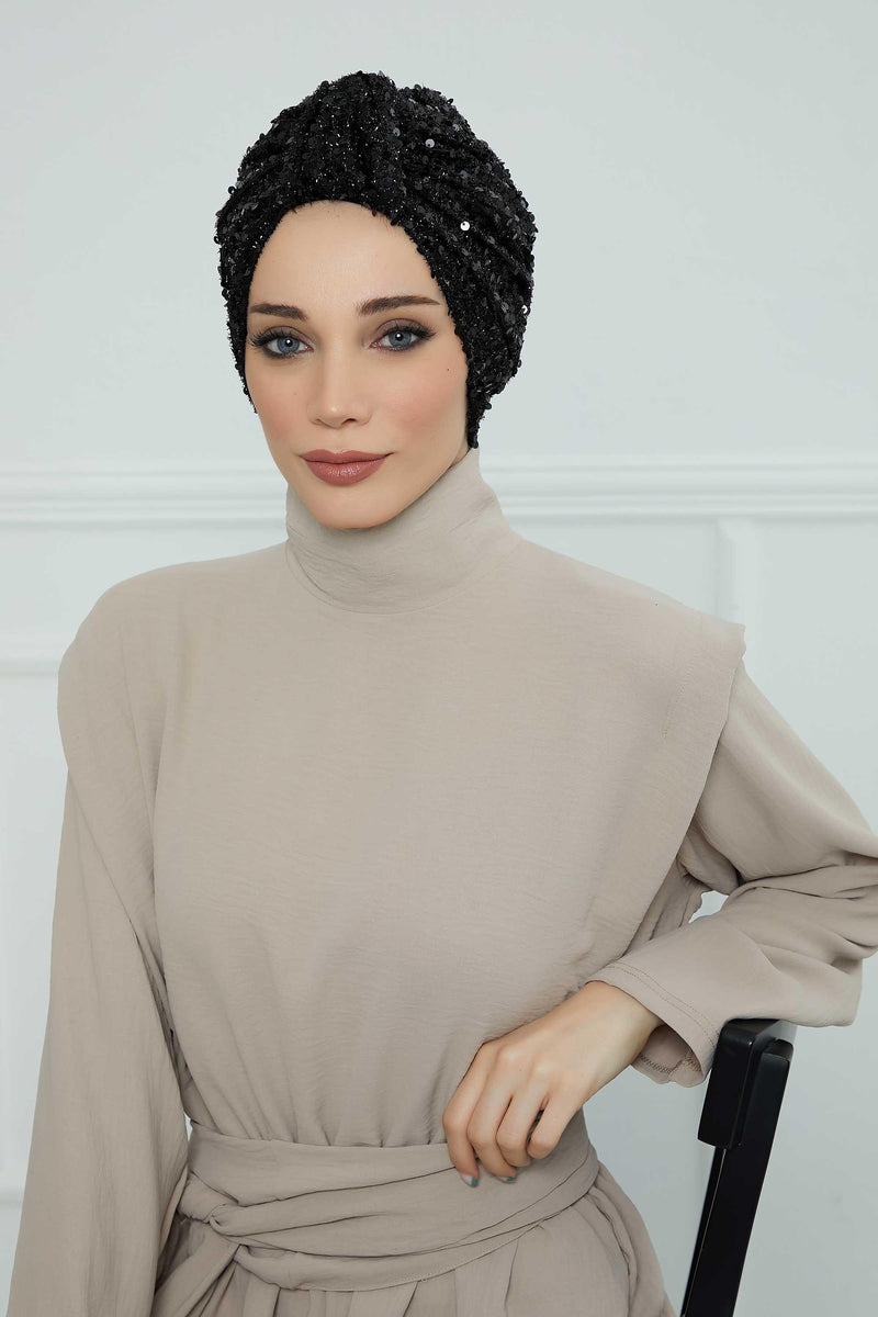 Sequined Instant Turban Head Wrap for Women, Fashionable and Chic Hijab Scarf Ready to Wear, Pre-Tied High Durability Chemo Headwear,B-68SK