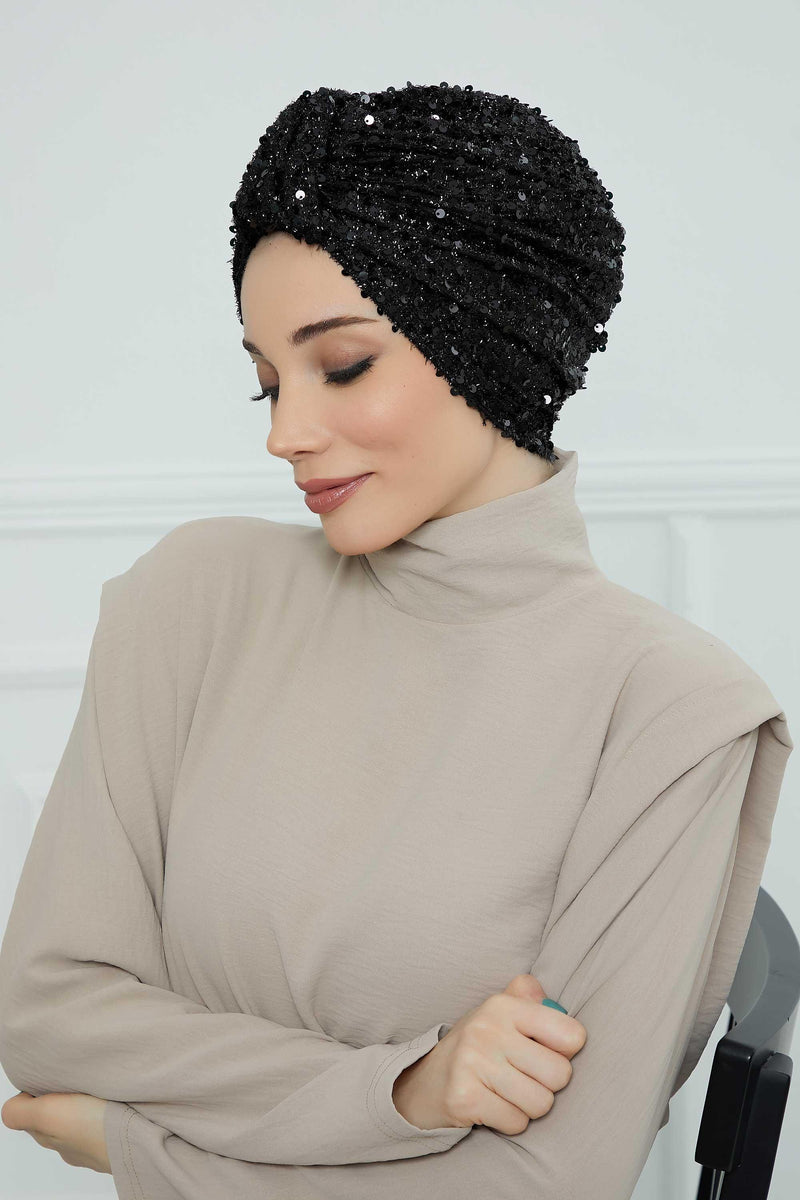 Sequined Instant Turban Head Wrap for Women, Fashionable and Chic Hijab Scarf Ready to Wear, Pre-Tied High Durability Chemo Headwear,B-68SK