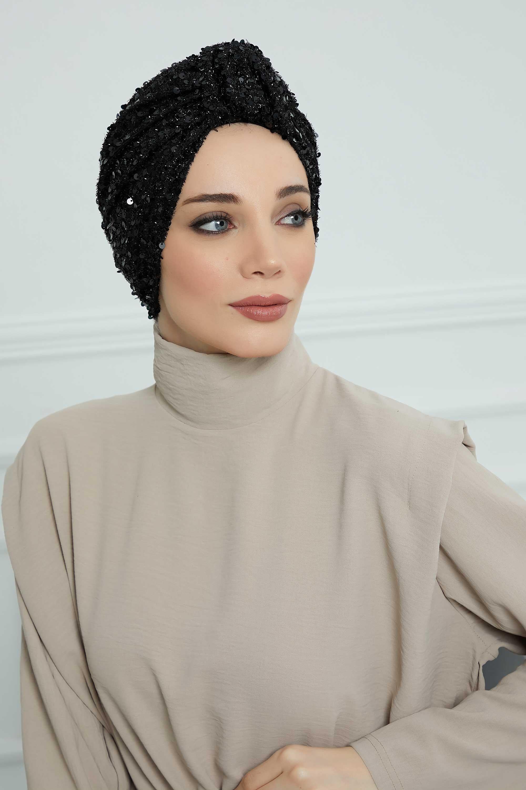 Sequined Instant Turban Head Wrap for Women, Fashionable and Chic Hijab Scarf Ready to Wear, Pre-Tied High Durability Chemo Headwear,B-68SK Black