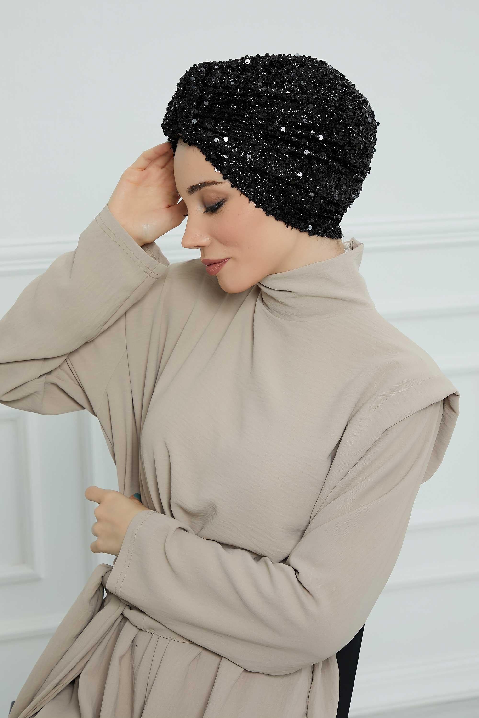 Sequined Instant Turban Head Wrap for Women, Fashionable and Chic Hijab Scarf Ready to Wear, Pre-Tied High Durability Chemo Headwear,B-68SK Black