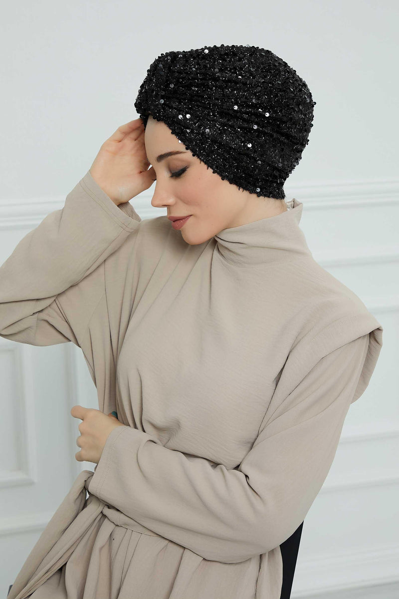 Sequined Instant Turban Head Wrap for Women, Fashionable and Chic Hijab Scarf Ready to Wear, Pre-Tied High Durability Chemo Headwear,B-68SK