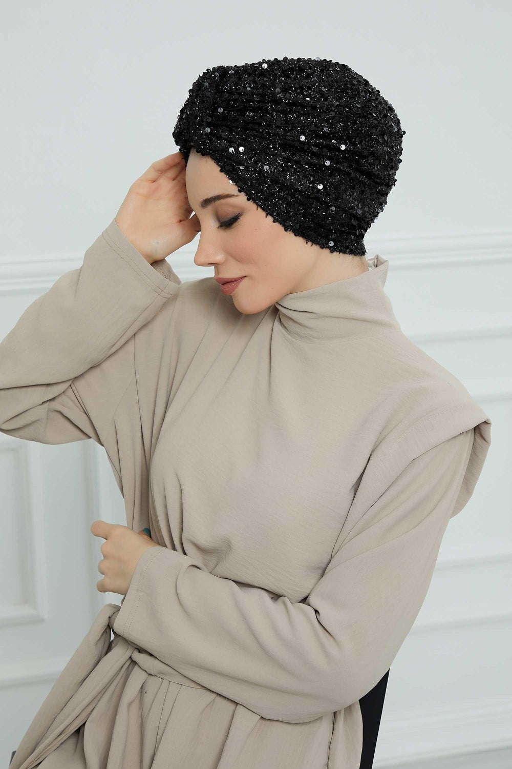 Sequined Instant Turban Head Wrap for Women, Fashionable and Chic Hijab Scarf Ready to Wear, Pre-Tied High Durability Chemo Headwear,B-68SK Black